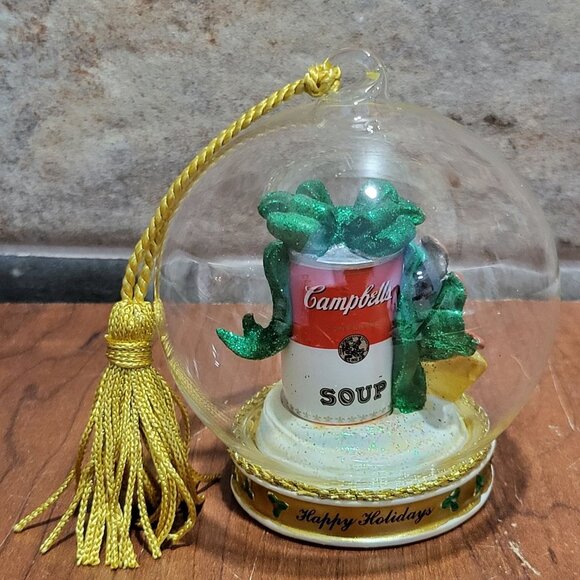 Campbells Soup Can Green Bow Clear Glass Ball Ornament Happy Holidays - Picture 2 of 11